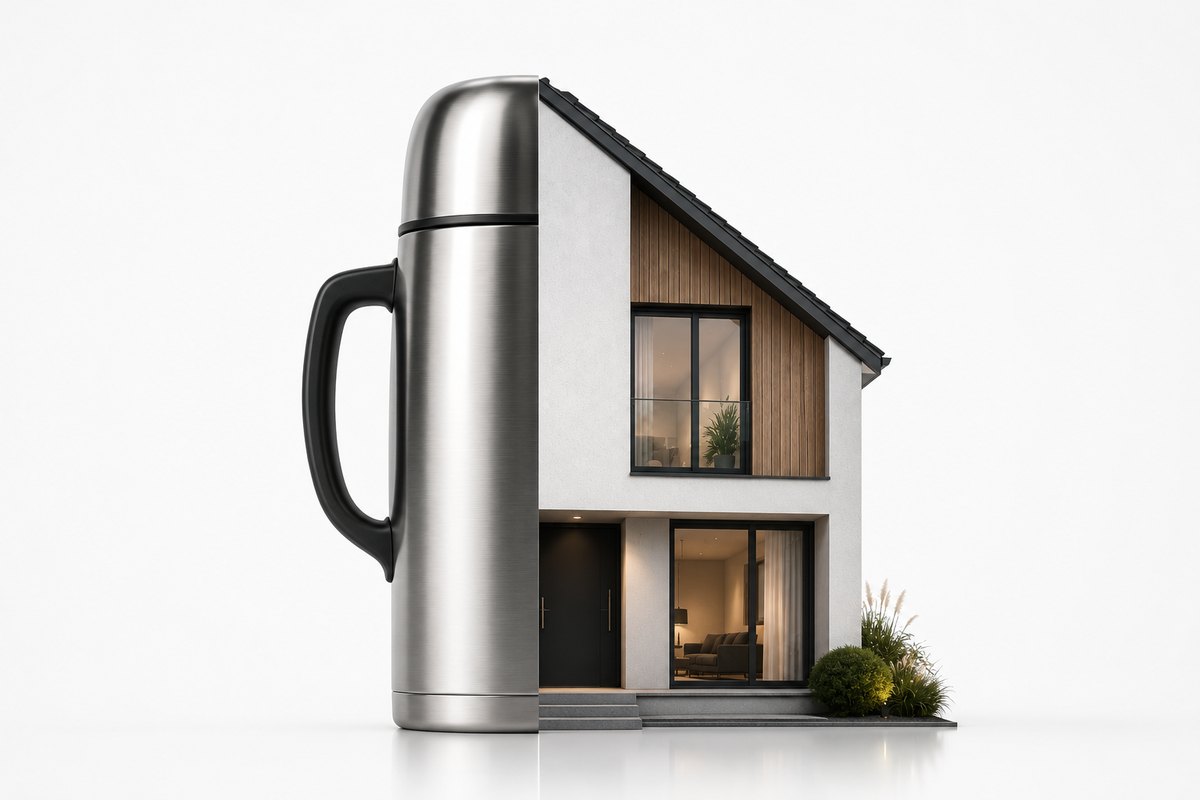 Ein Wohnhaus, dessen linke Hälfte als Thermoskanne ausgeführt ist.